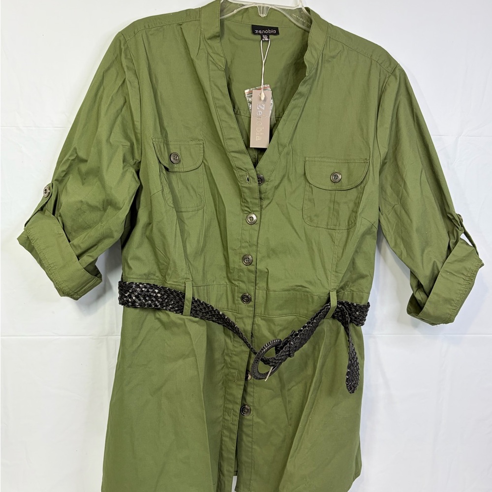 Zenobia Green Button Down Shirt with Black Braided Belt